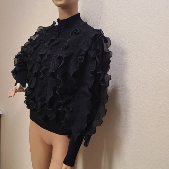 ANNE FONTAINE SIDALINE SWEATER BLACK LONG SLEEVE TURTLENECK PLEATED RUFFLES 42 - Picture 5 of 8